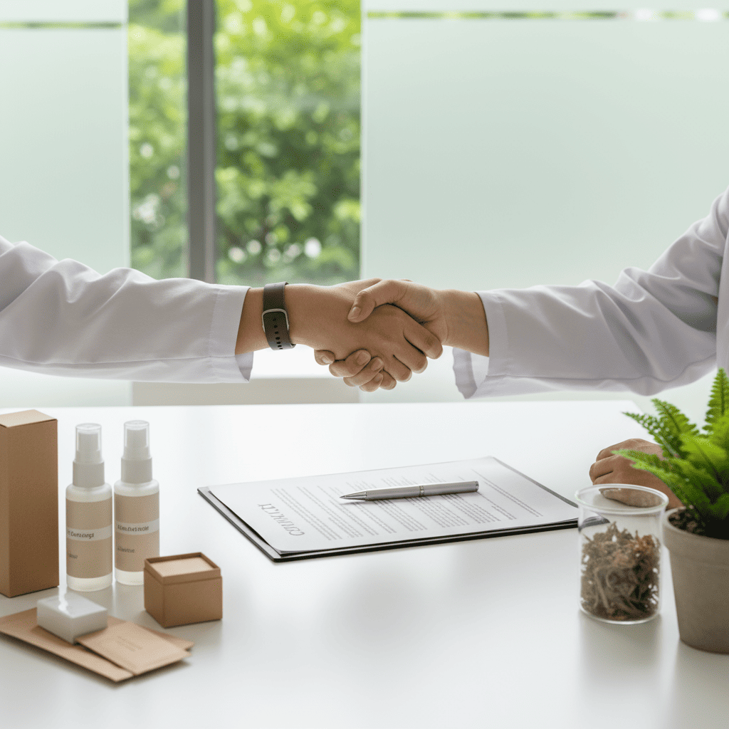 Two partners finalize a manufacturing agreement with sample products on the table, signaling a confirmed partnership for low MOQ private label production.