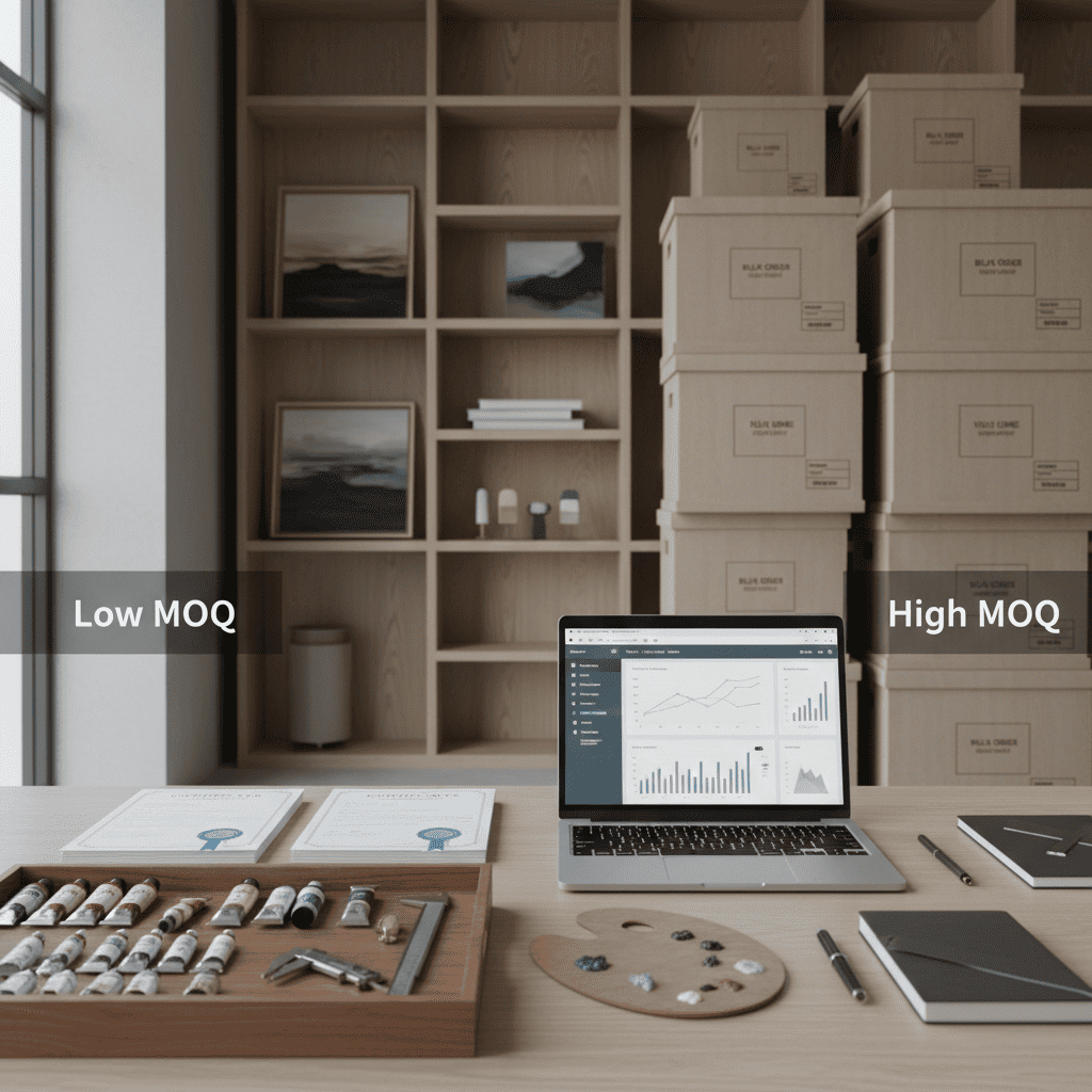 A workspace comparing low and high MOQs with inventory boxes and sales charts, visualizing how order quantities influence cost and scalability.