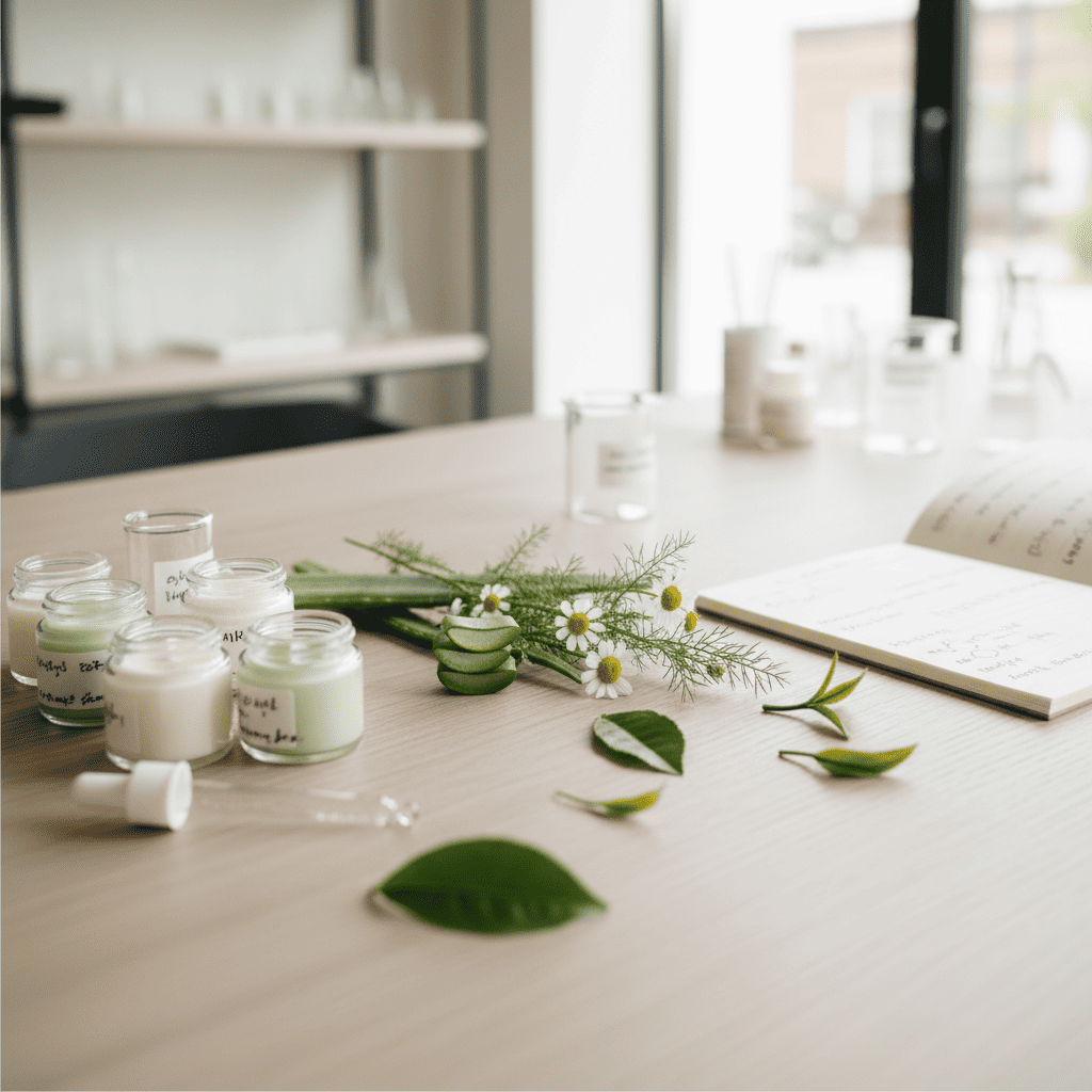Freshly blended skincare samples with botanicals and lab notes, highlighting ingredient testing crucial for low MOQ private label development.