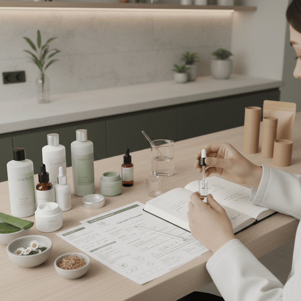A formulator documents sample reactions while testing product textures and packaging options to support efficient development for low MOQ brands.