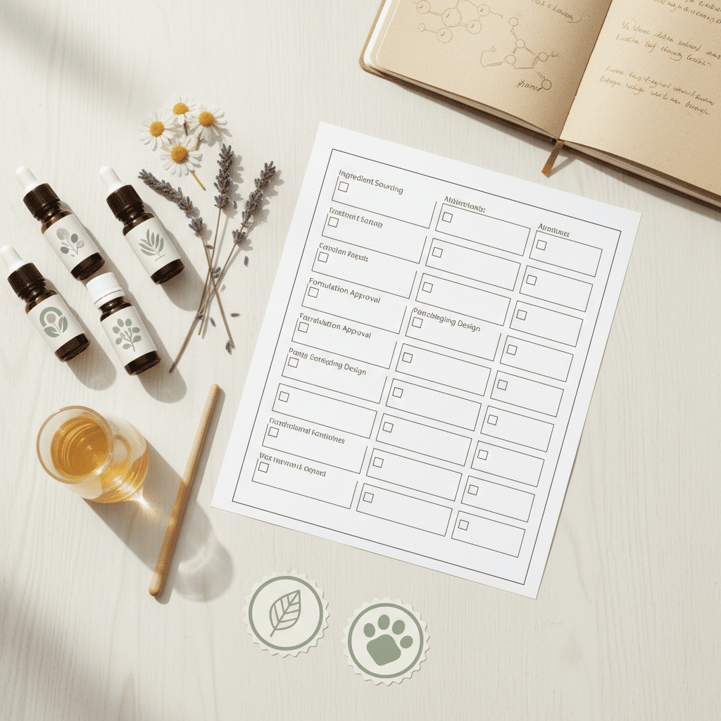 A formulation checklist placed beside botanical extracts and sample bottles, illustrating early planning steps when evaluating a cosmetics manufacturer.