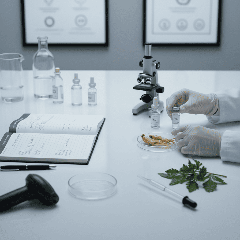 A lab specialist analyzes ginseng and plant extracts with detailed notes nearby, highlighting traceability and ingredient verification during manufacturer vetting.