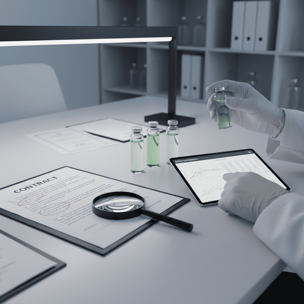 A lab professional reviews sample bottles and contract documents while checking performance data on a tablet, reinforcing due diligence before signing.