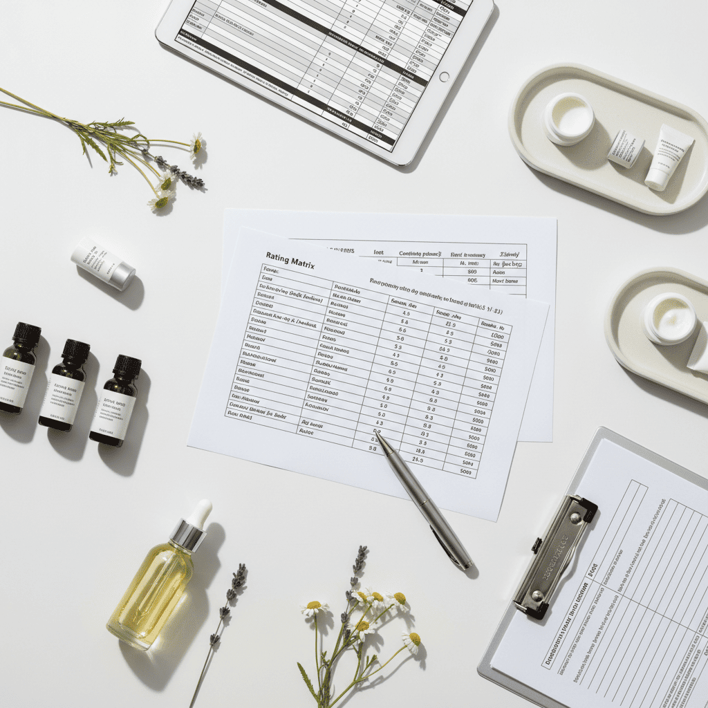 A rating matrix surrounded by sample bottles and testing tools, visualizing how brands score manufacturers against key quality and compliance criteria.