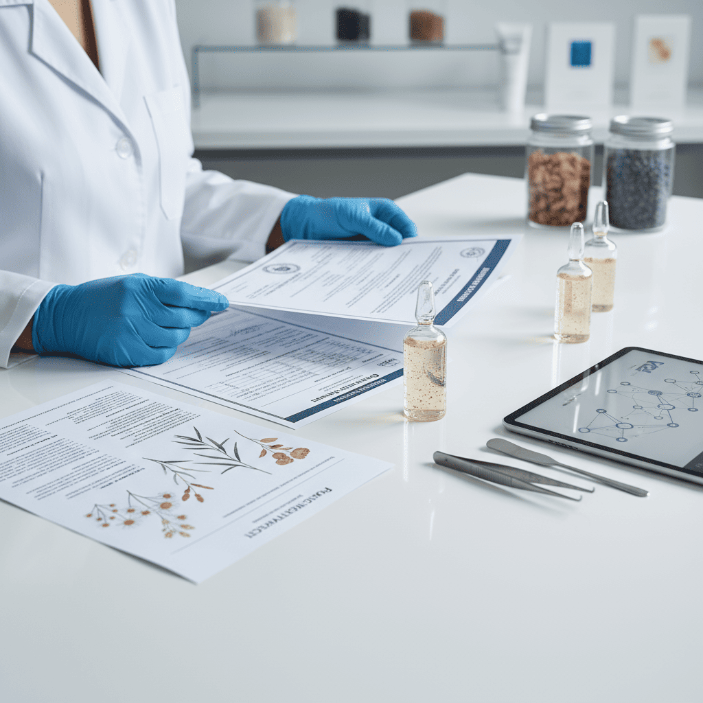 A technician reviews certification sheets beside botanical ampoules, emphasizing requirements for documentation and verified standards in cosmetics manufacturing.
