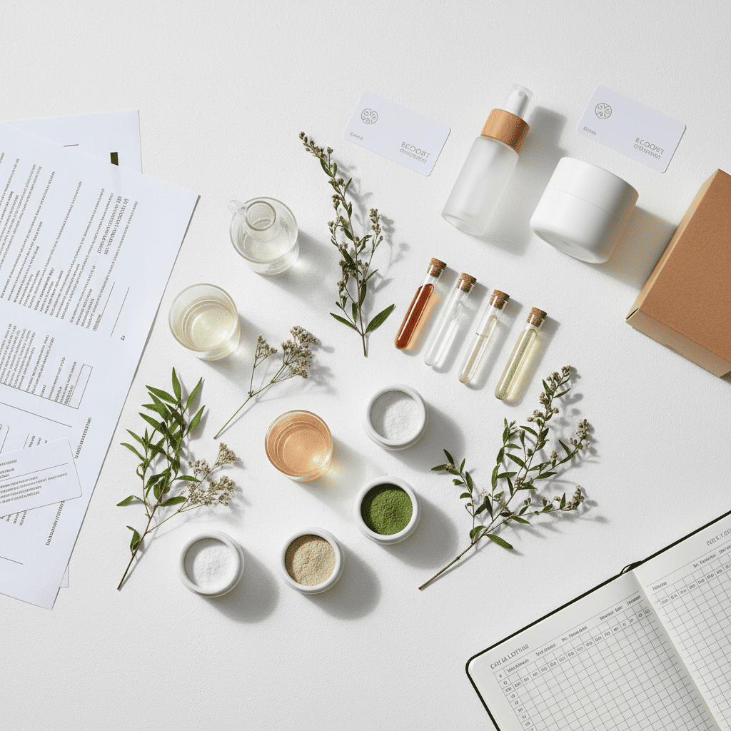 Botanical extracts, sample vials, and a production checklist arranged for evaluating formulation steps and early cost planning.