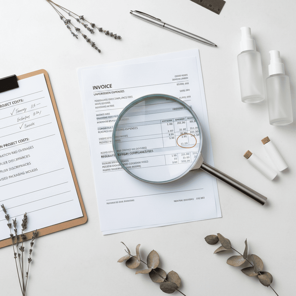 An invoice is displayed on a desk with cosmetic packaging and plants