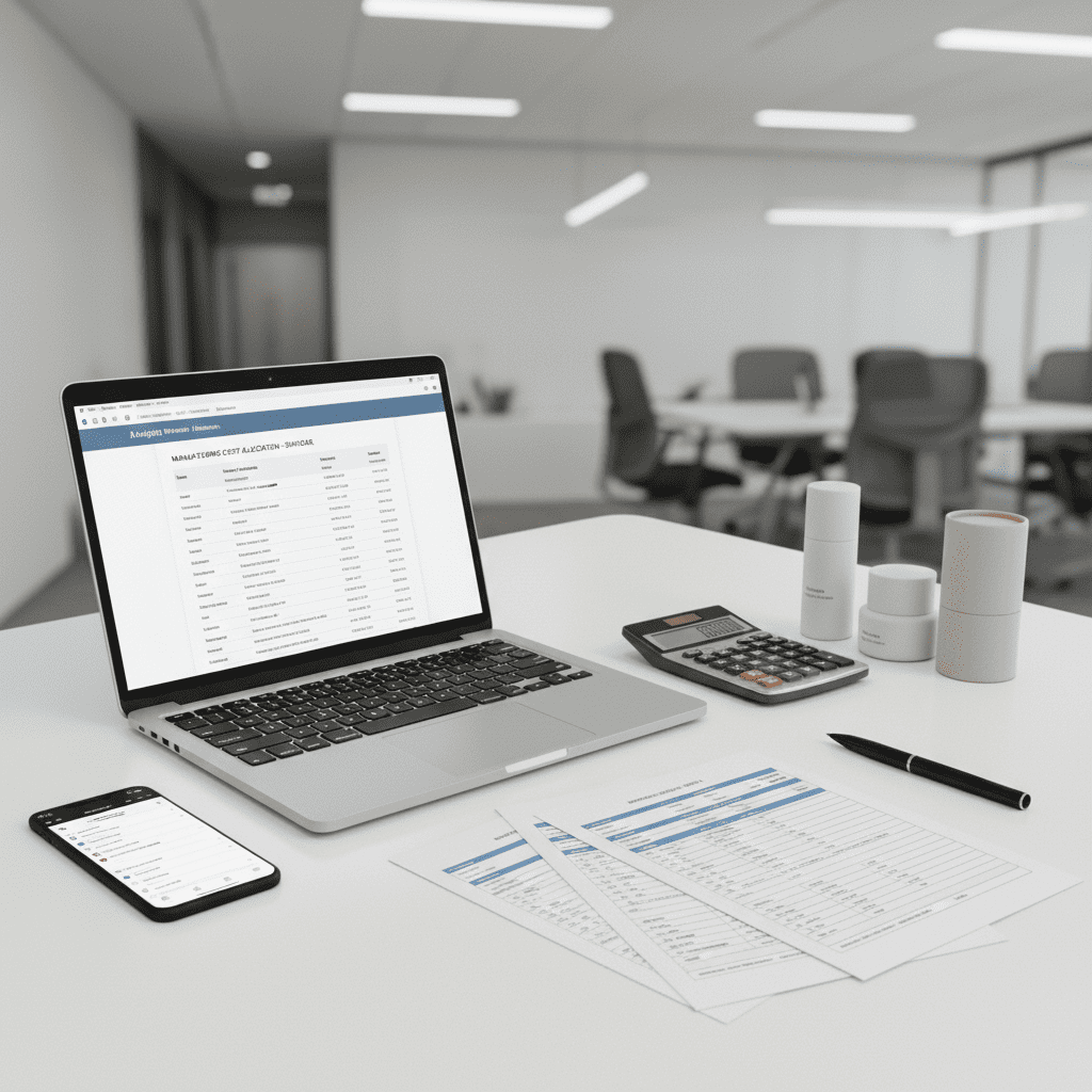 A laptop and a mobile phone on a desk with budget tables on paper sheets