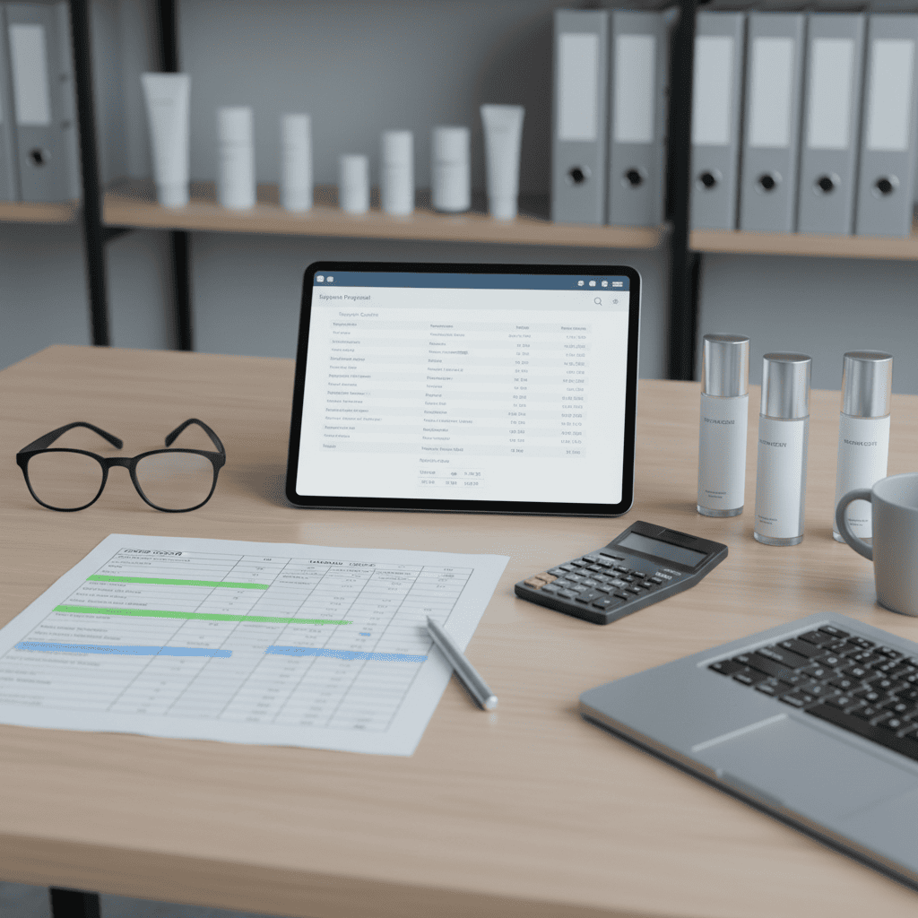 Laptop displaying cost allocation data beside reports, calculator, and cosmetic packaging samples, focusing on budgeting accuracy for launches.