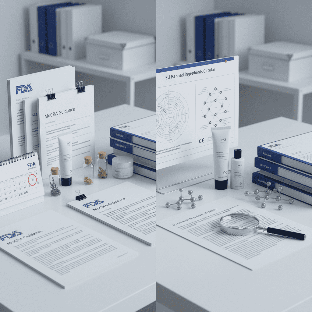 FDA MoCRA guidance documents and EU cosmetic regulation compliance paperwork with ingredient testing samples