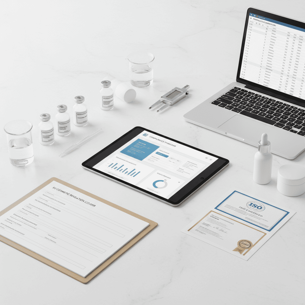 Digital compliance tracking system displaying cosmetic product facility registration and ISO certification documents