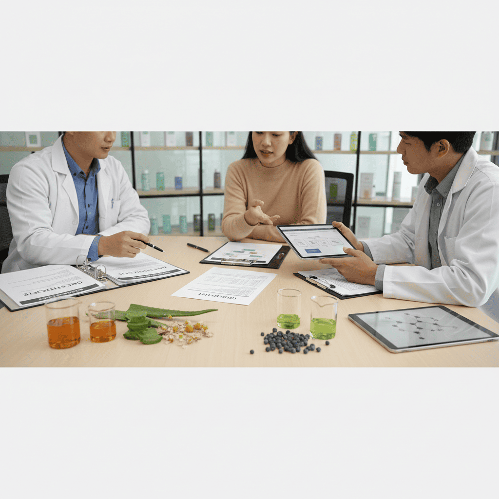 Cosmetic startup consultation meeting discussing plant-based formulation and regulatory compliance requirements