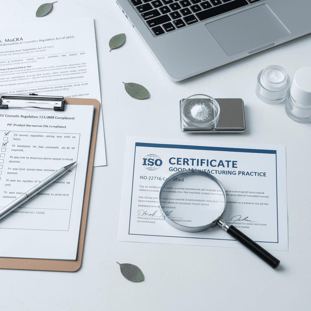 ISO 22716 GMP certificate with MoCRA compliance checklist and EU cosmetic regulation documentation review