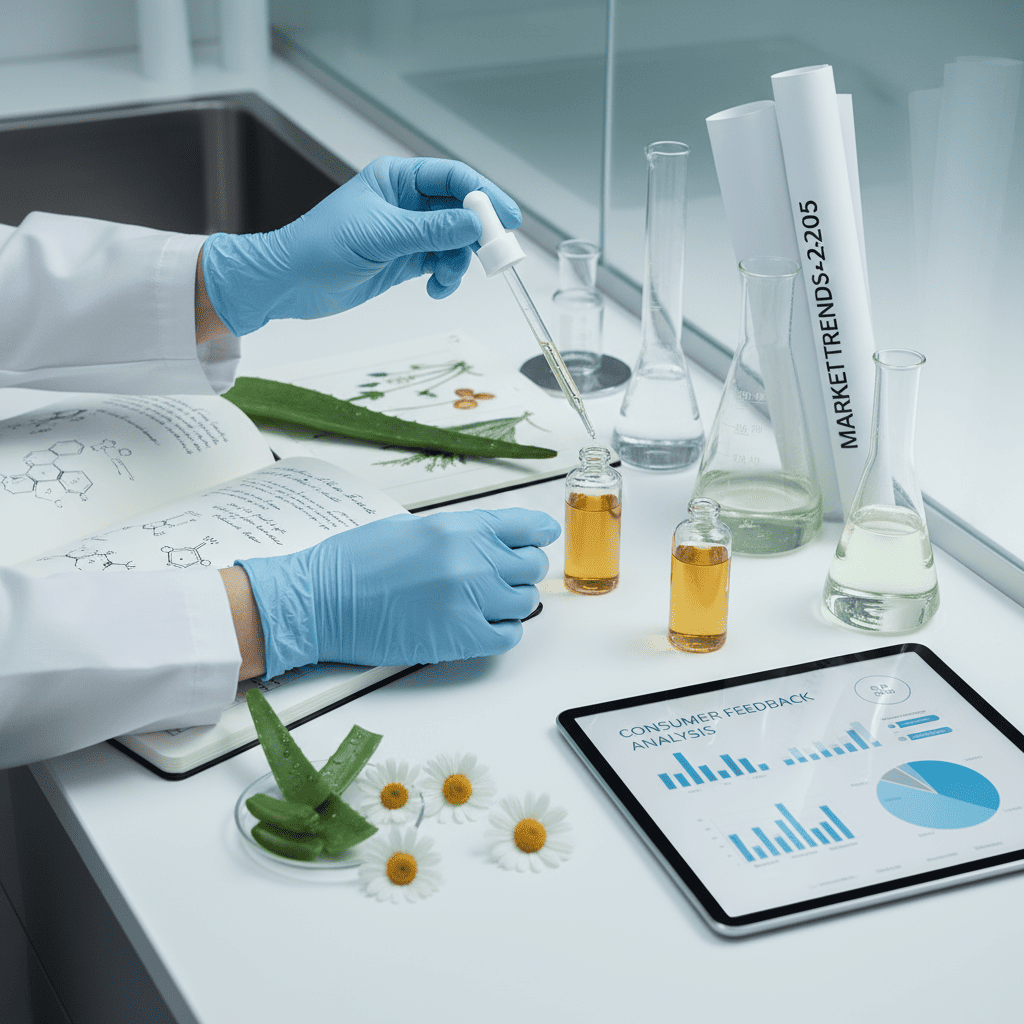 Cosmetic chemist testing plant-based serum formulation with active ingredients and market research data analysis