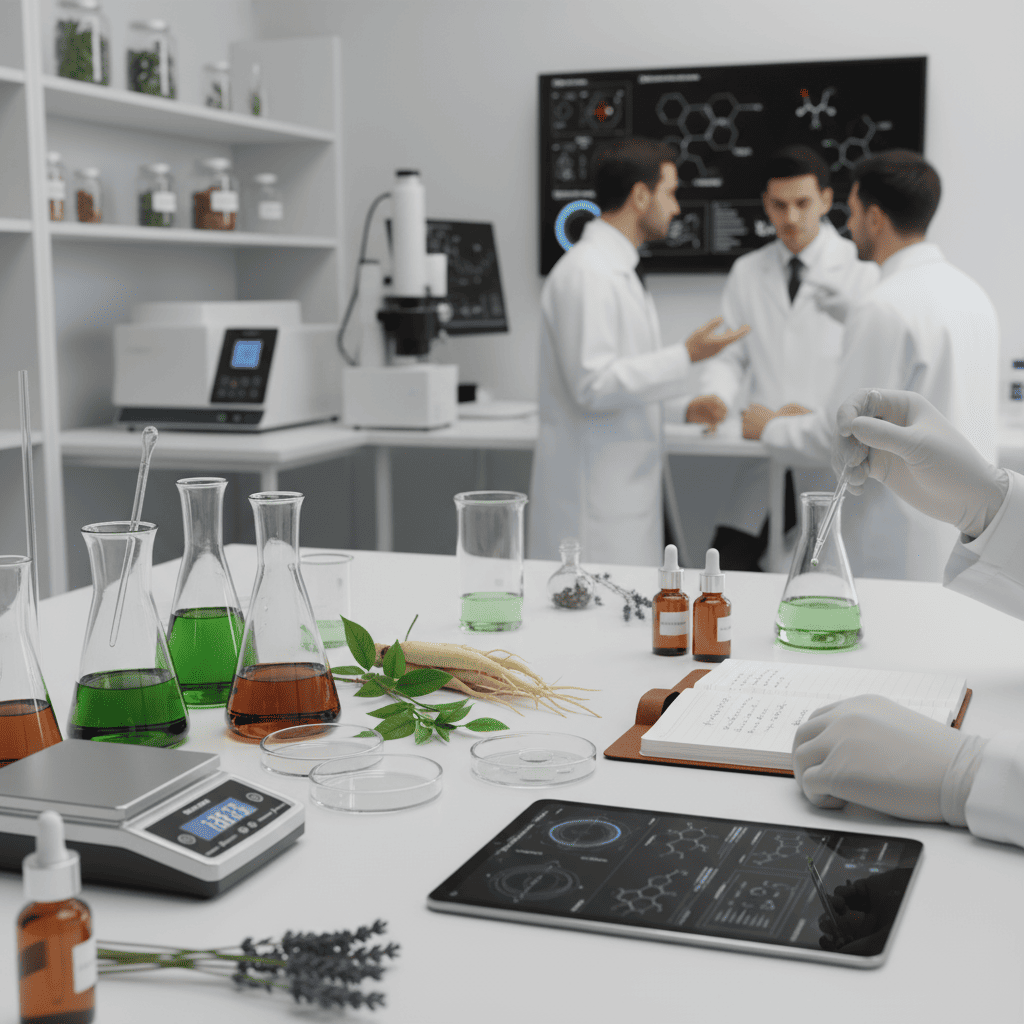 R&D team collaborating on serum prototype development with botanical extracts in modern laboratory environment