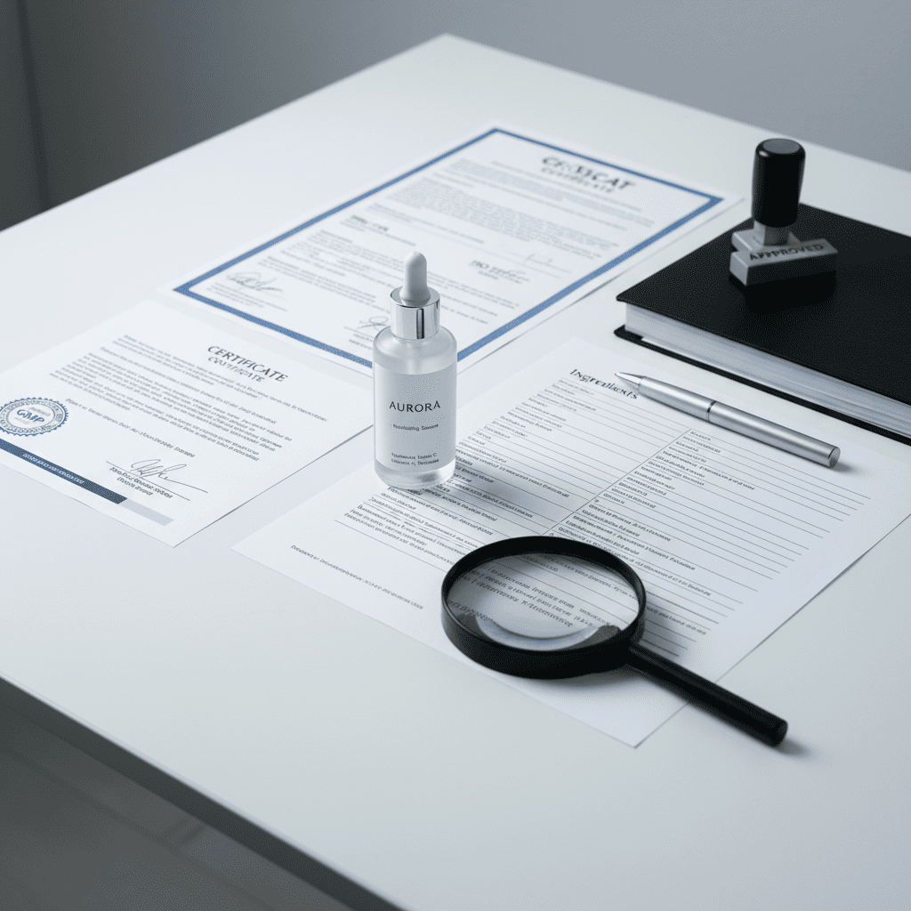 Serum product certification documents with GMP compliance paperwork and regulatory approval stamps for market launch