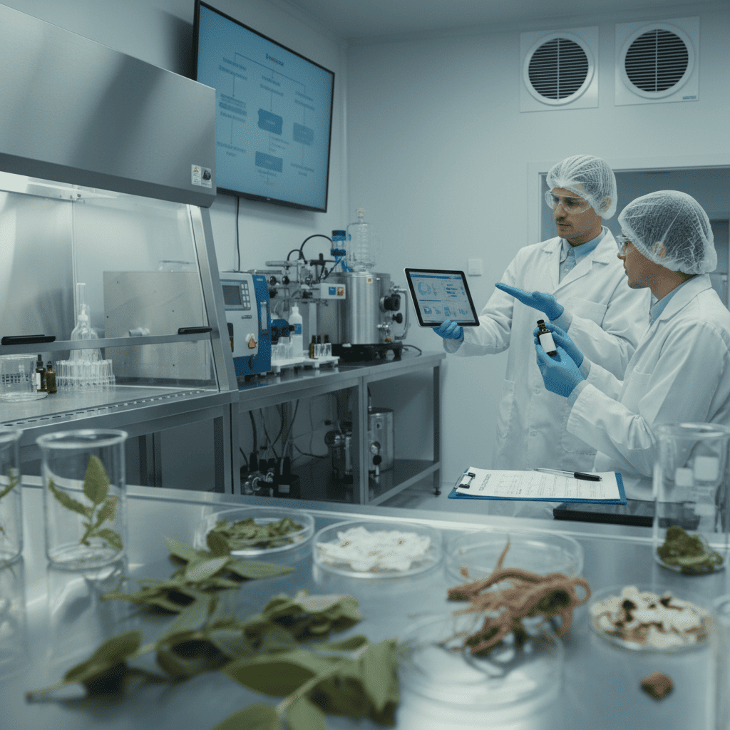 Quality control technicians monitoring ISO-certified manufacturing process for plant-based cosmetic serum production