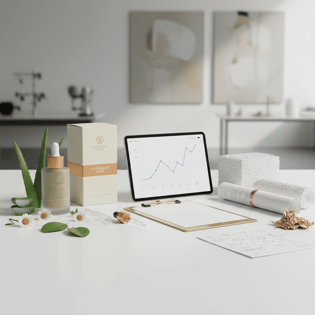 Finished serum product packaging design with growth analytics dashboard showing successful market entry strategy
