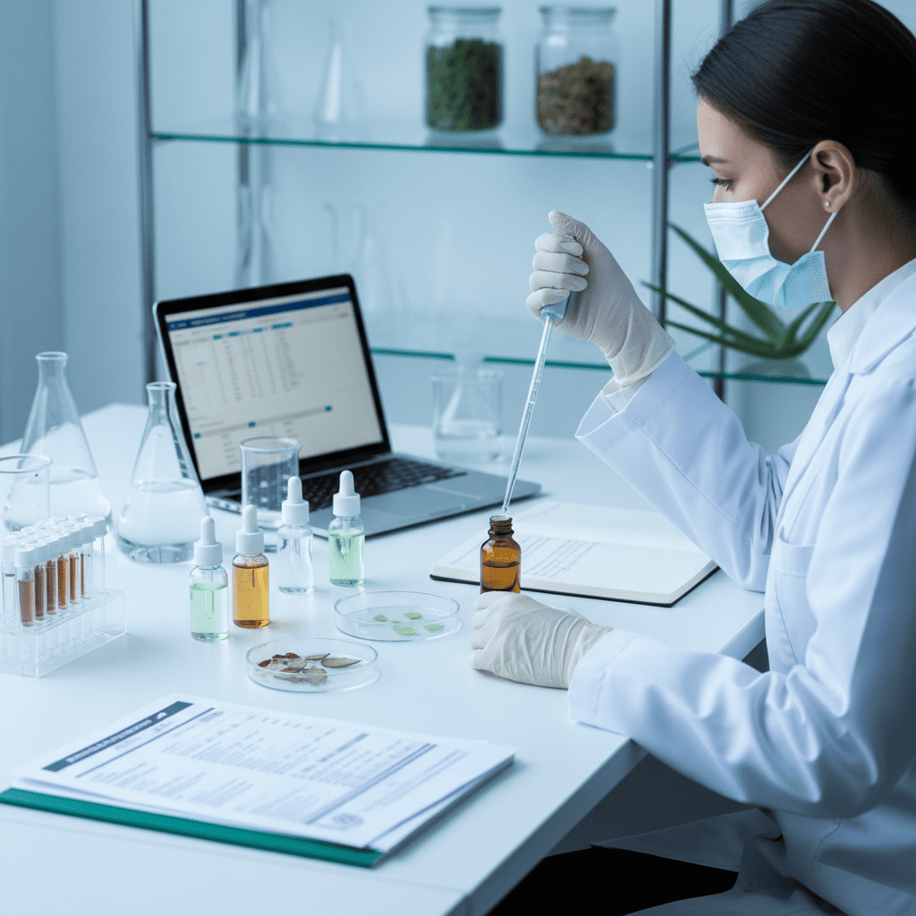 Laboratory scientist conducting stability testing and safety assessment for plant-based serum formulation development