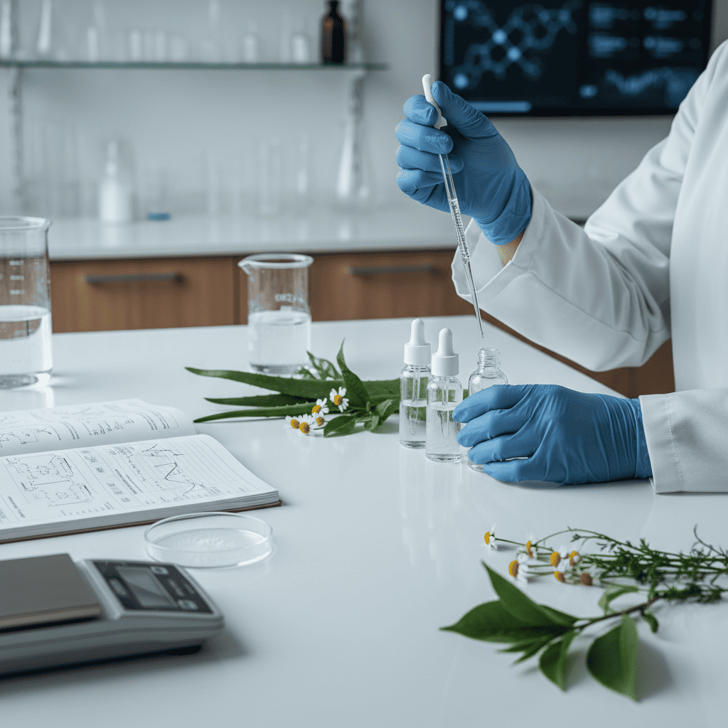 Researcher extracting botanical active ingredients for OEM cosmetic serum formula prototyping and testing phase