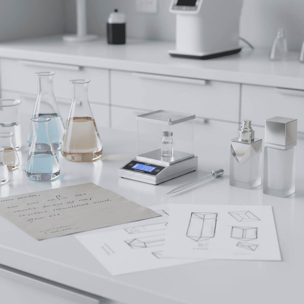 Custom formulation cosmetics lab with proprietary packaging design sketches and ingredient measurement equipment