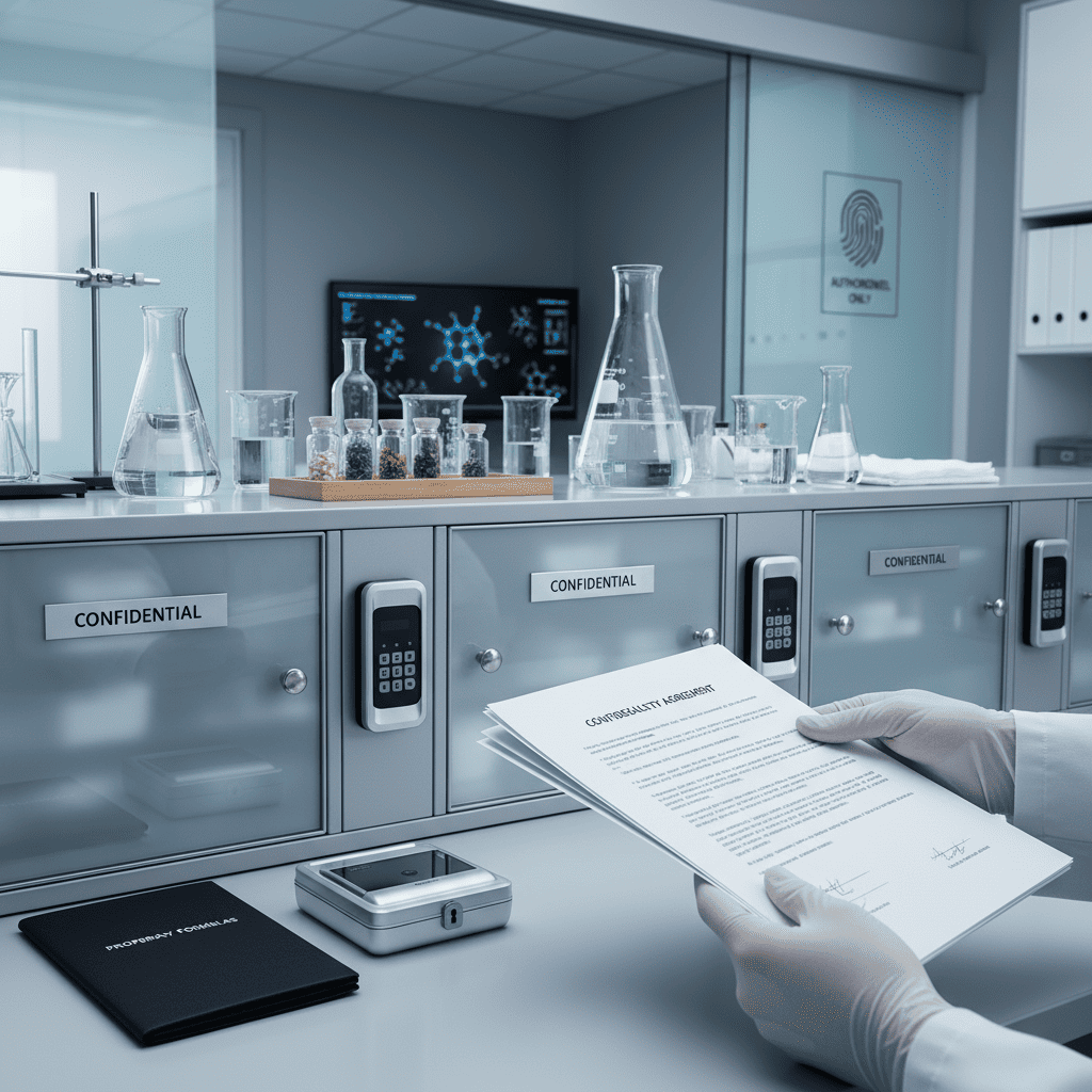 Secure laboratory storage with confidential custom formulation documents and nondisclosure agreement for IP protection