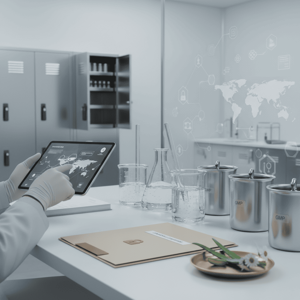 Global intellectual property management system tracking trade secrets and brand confidentiality in GMP cosmetics manufacturing