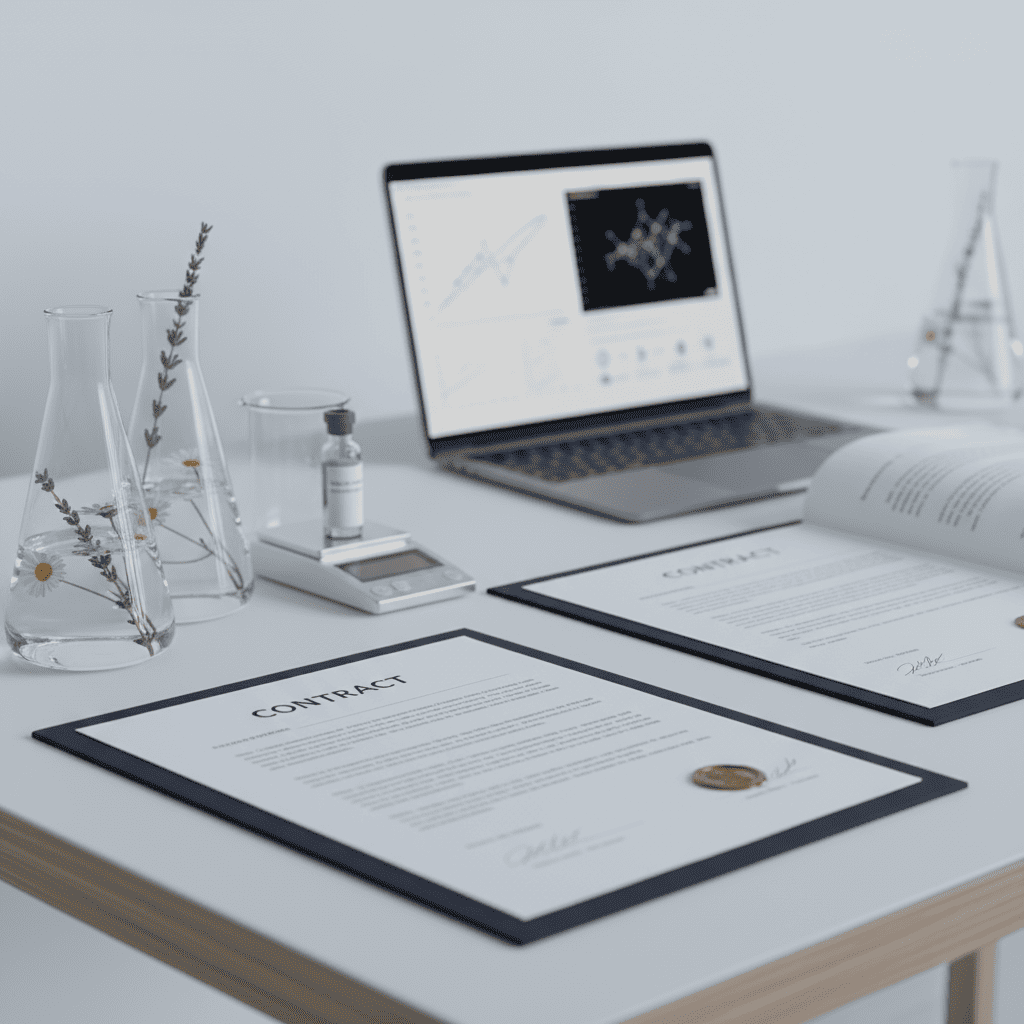 Legal contract documents with botanical samples establishing trademark protection and licensing agreements for custom formulations