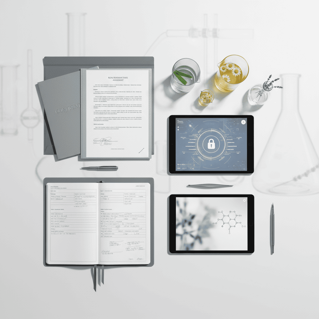 Comprehensive IP asset inventory showing nondisclosure agreements, patent documentation, and digital security protocols for brand protection