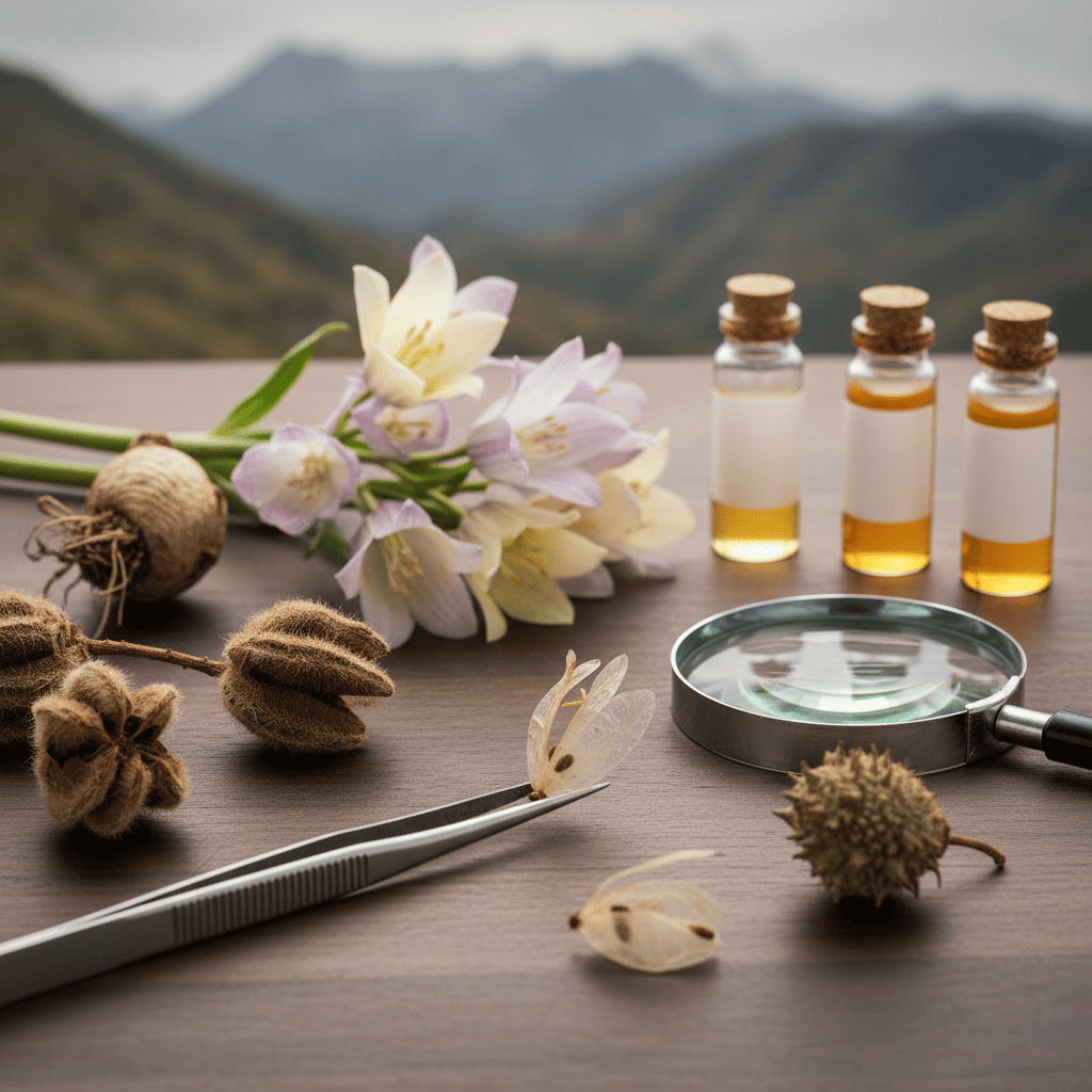 Yunnan highland botanicals with active botanical extracts analyzed against biodiversity hotspot mountain backdrop