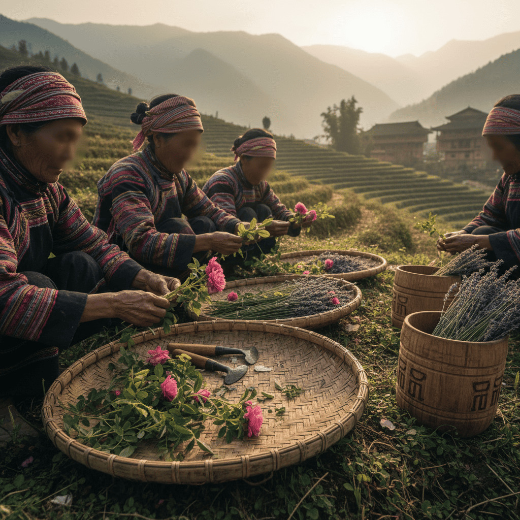 Indigenous farmers sustainably harvesting wild botanicals in Lijiang valley highland terraces for ethical sourcing partnerships