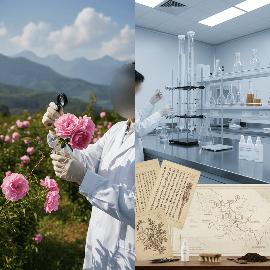Botanist collecting endemic plant specimens from Yulong range with Na-Khi manuscripts and modern laboratory analysis workflow