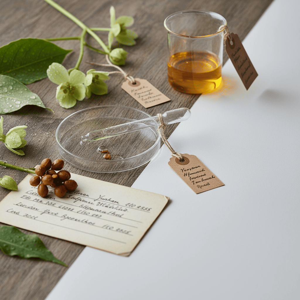 Yunnan botanical ingredient traceability documentation with traditional ethnobotanical knowledge records and herbal extract samples