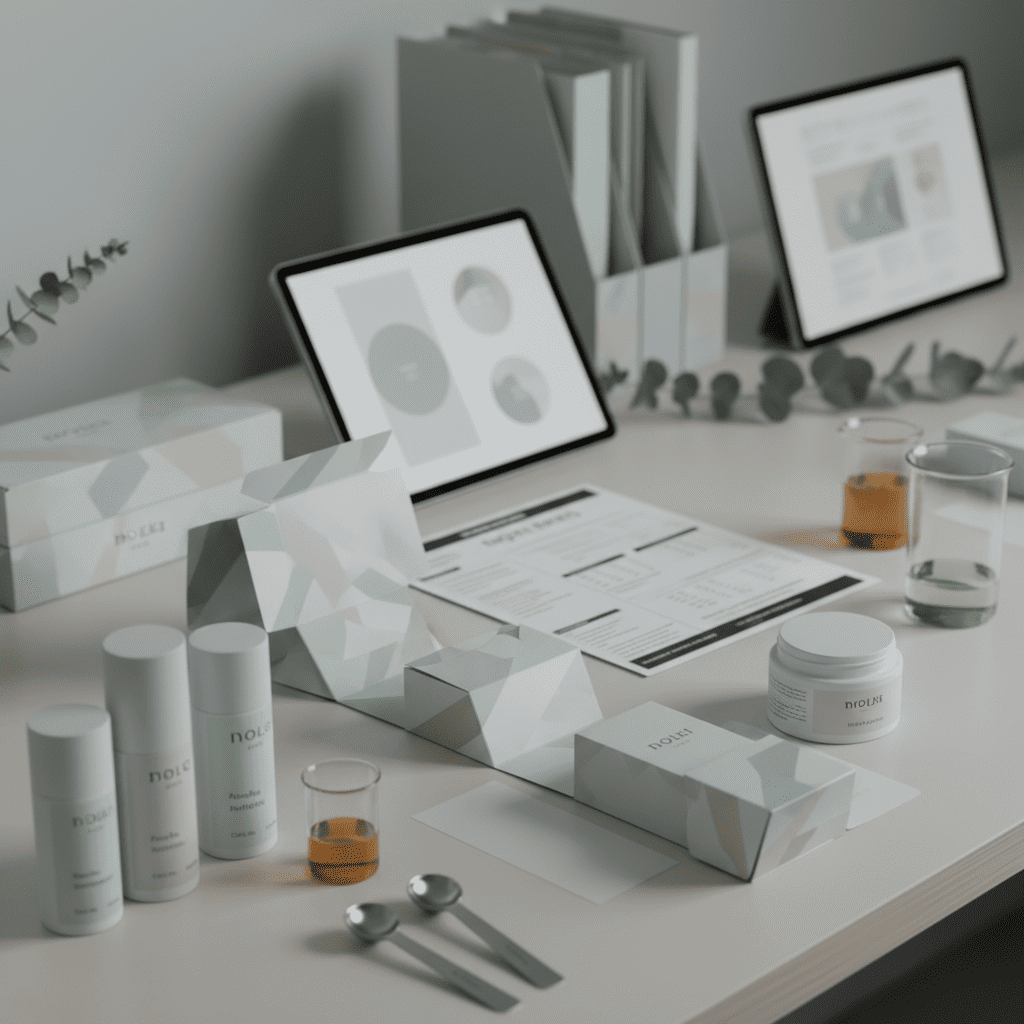 Private label skincare packaging design with custom brand identity and product formulation samples for new beauty brand launch