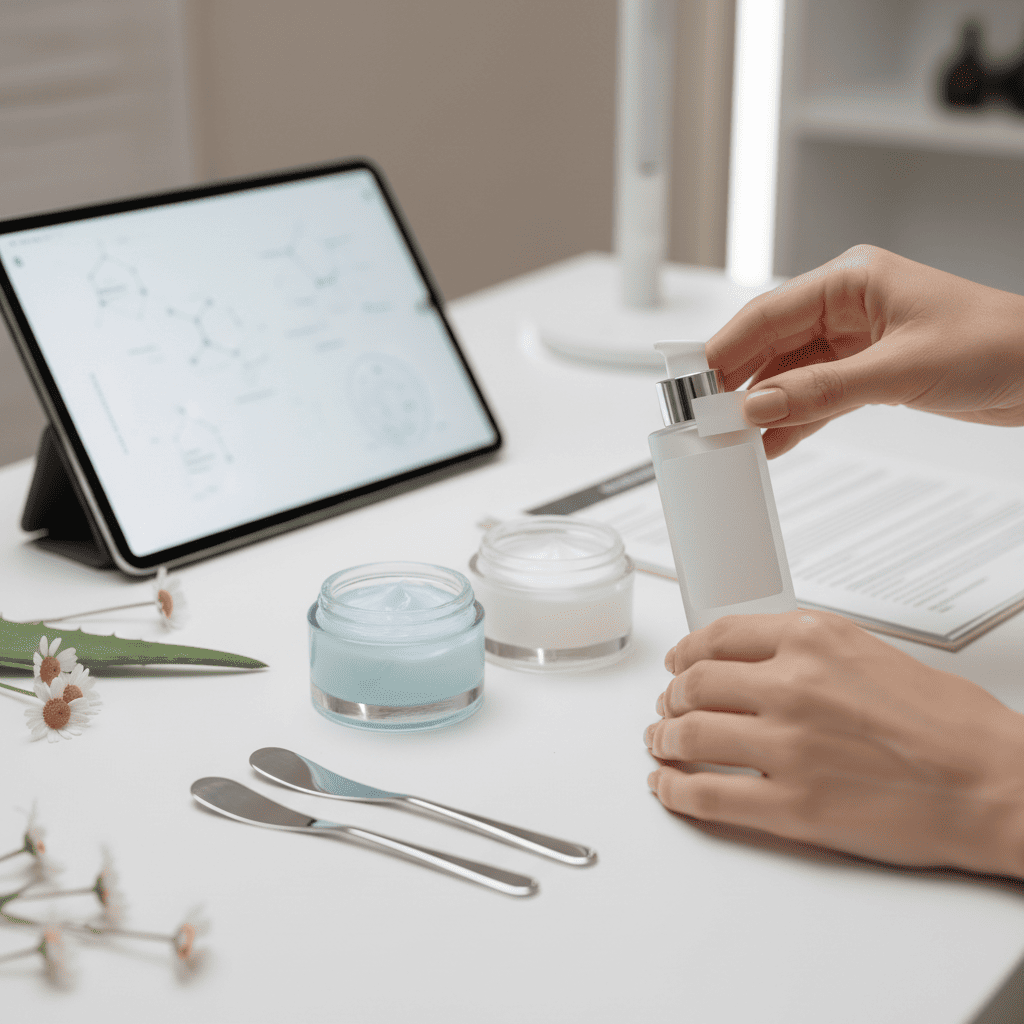 Brand owner customizing private label cosmetics packaging with product testing documentation and quality control checklist