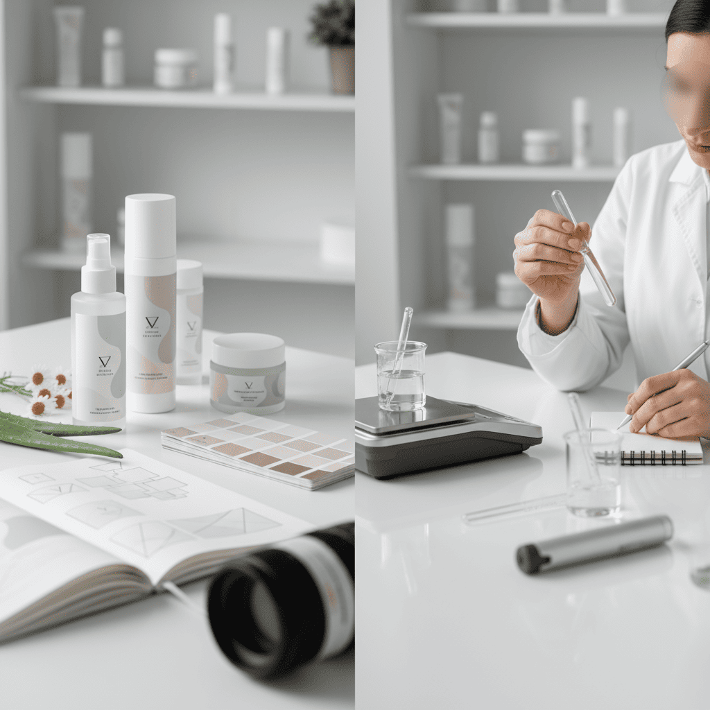 Cosmetic chemist developing private label beauty products with brand ownership documentation and product development timeline