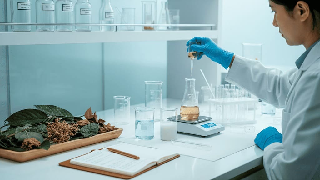 PhD-level biologist extracting botanical actives from Yunnan highlands for bespoke formulation and regulatory compliance testing