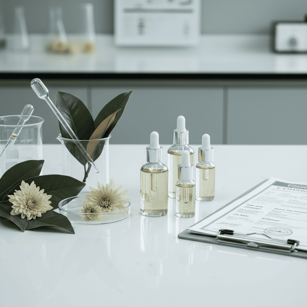 Custom skincare formulation prototype with plant actives and quality assurance documentation for launch-ready formula certification