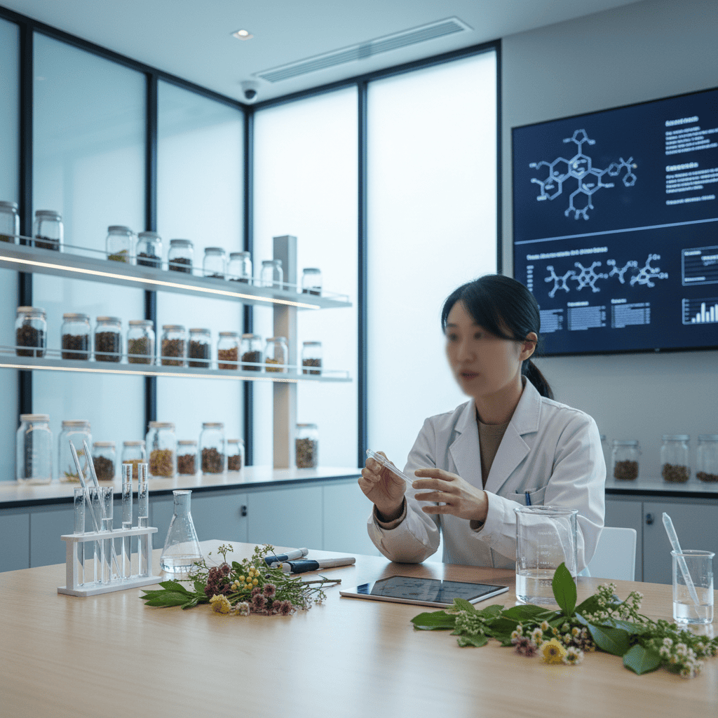 Senior scientist analyzing plant biodiversity and molecular structure for world-class formulation quality in B2B product development