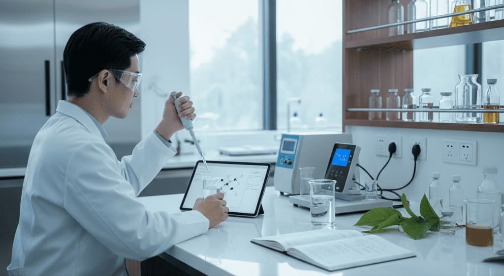 Cosmetic chemist documenting ingredient listings and pilot batch creation process for private label product development project