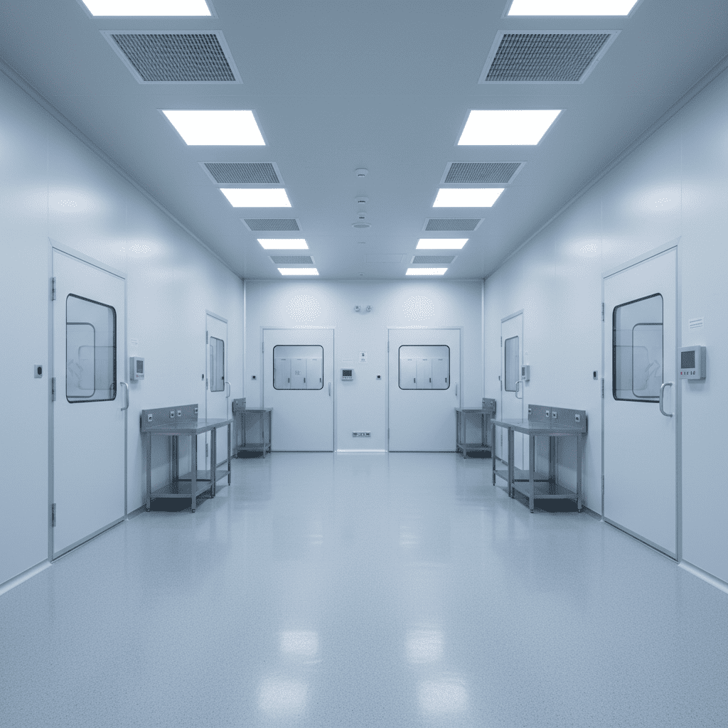 ISO certification manufacturing facility with controlled environments, pressure differentials, and hygienic flooring for product purity standards