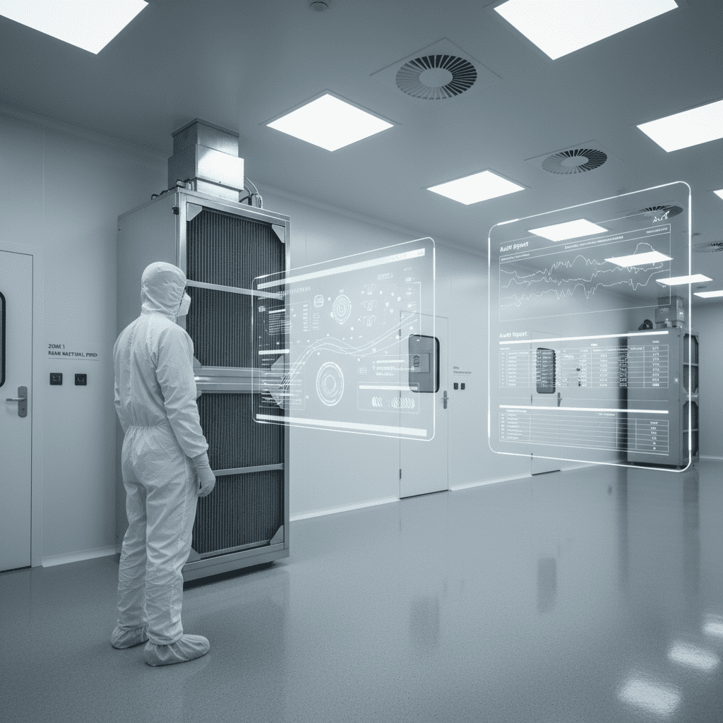 Cleanroom technician monitoring air quality and environmental conditions using digital traceability system in ISO 14644 certified OEM facility