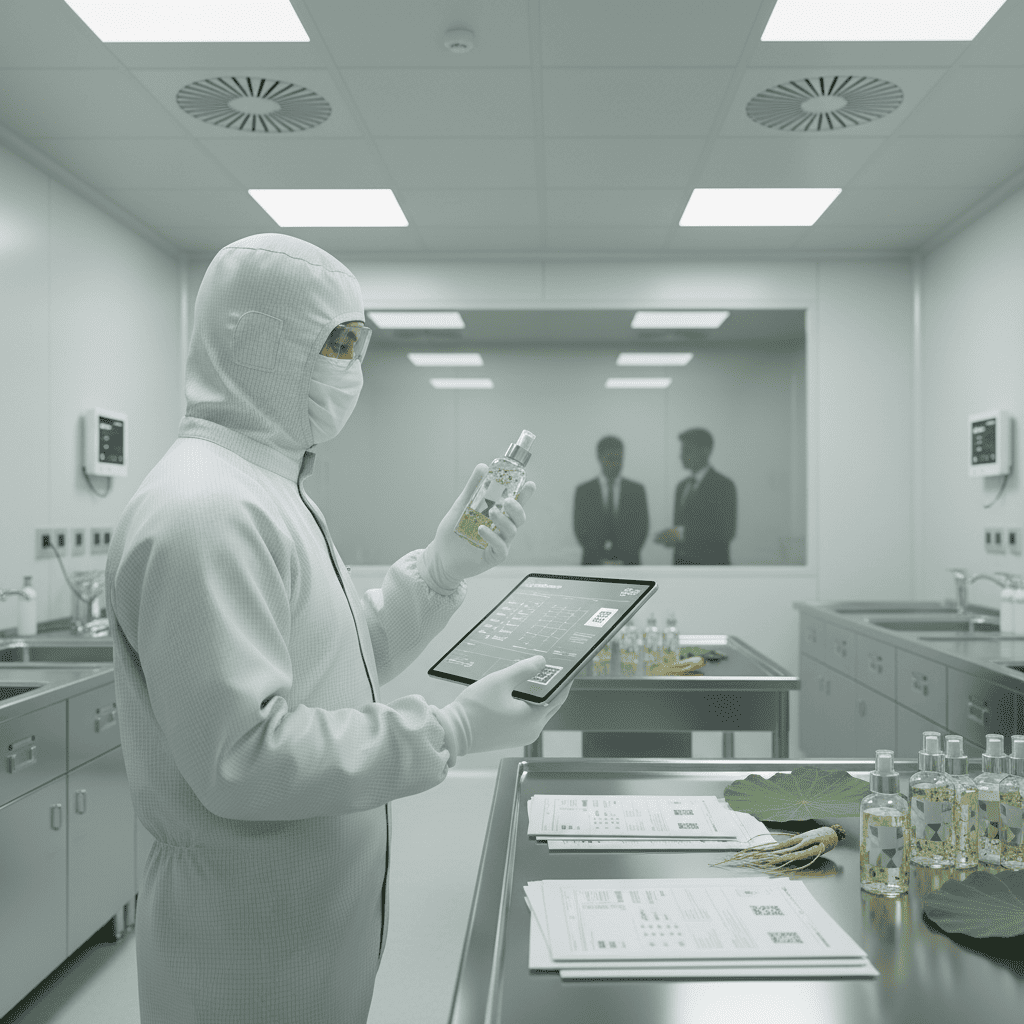 Gowned personnel following cleanroom usage protocols with botanical samples and compliance documentation in cosmeceutical production zone