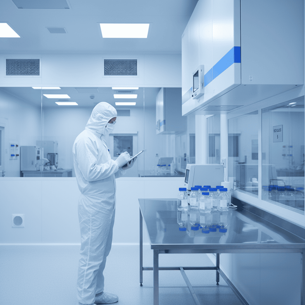 Quality assurance specialist conducting comprehensive assessment of skincare product purity in ISO 14644 cleanroom with ULPA filters
