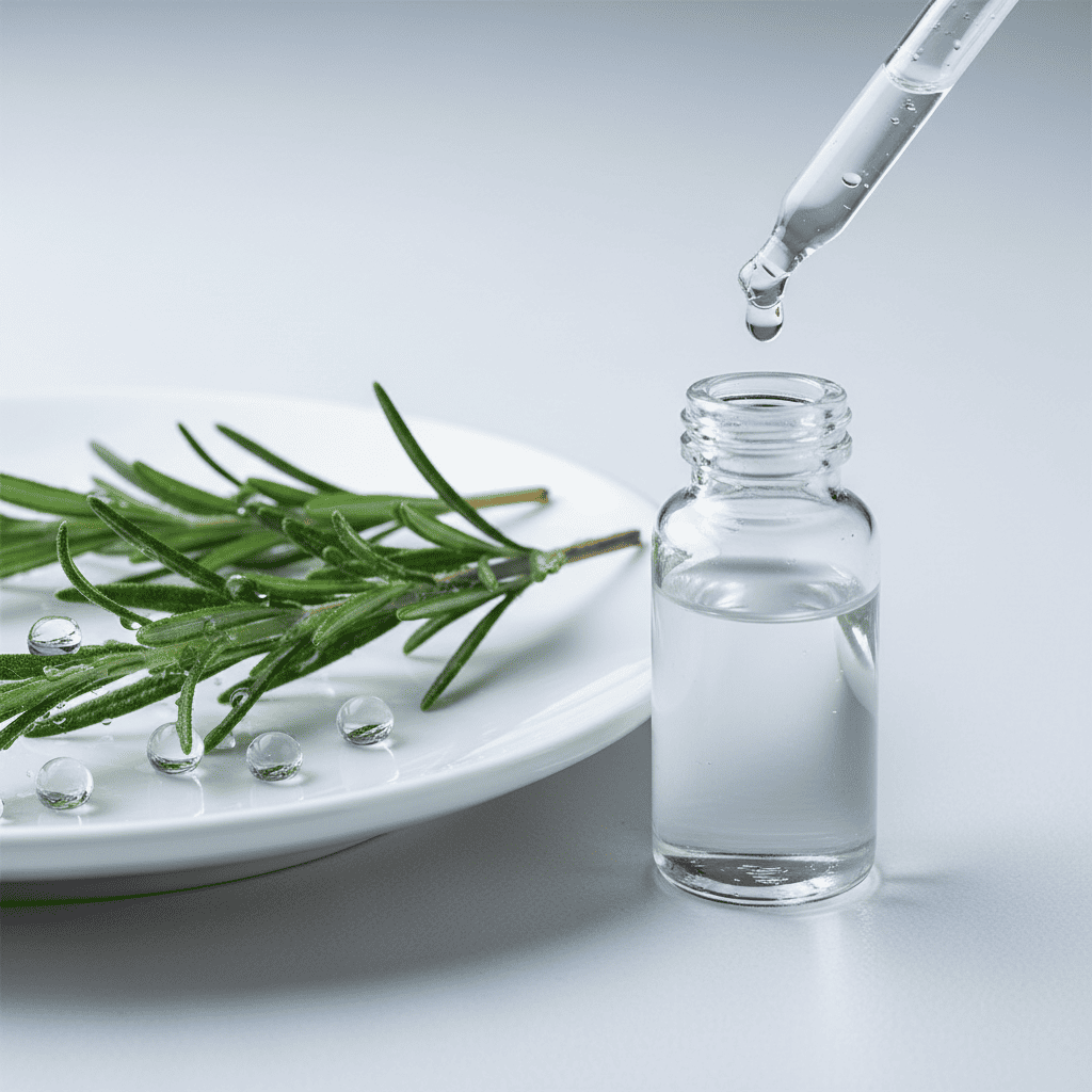 Rosemary hydrosol extraction showing water-soluble rosmarinic acid and anti-inflammatory properties for soothing skincare toners