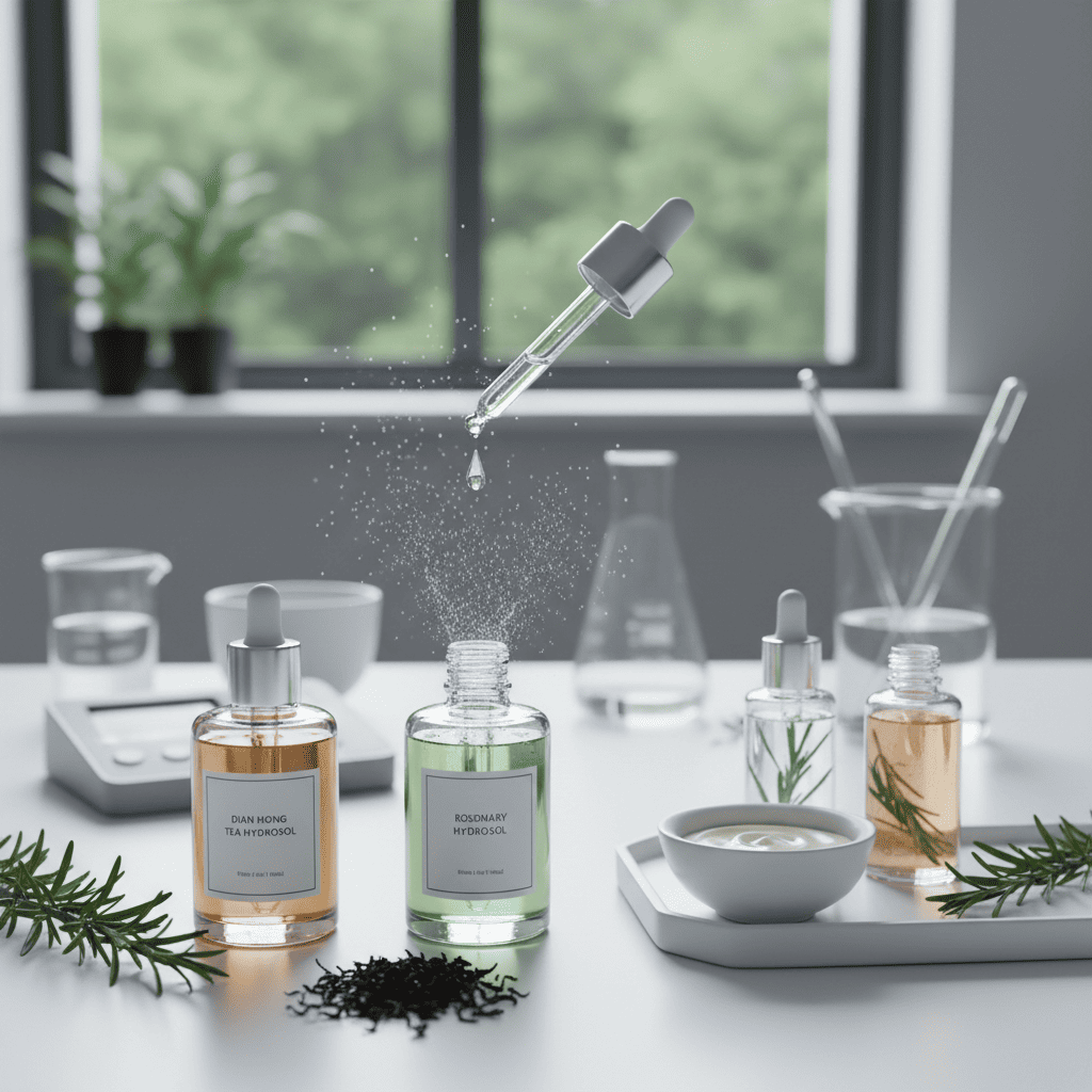 Custom hydrosol formulations blending Dian Hong tea and rosemary extracts for botanical active compounds in OEM cosmeceutical development
