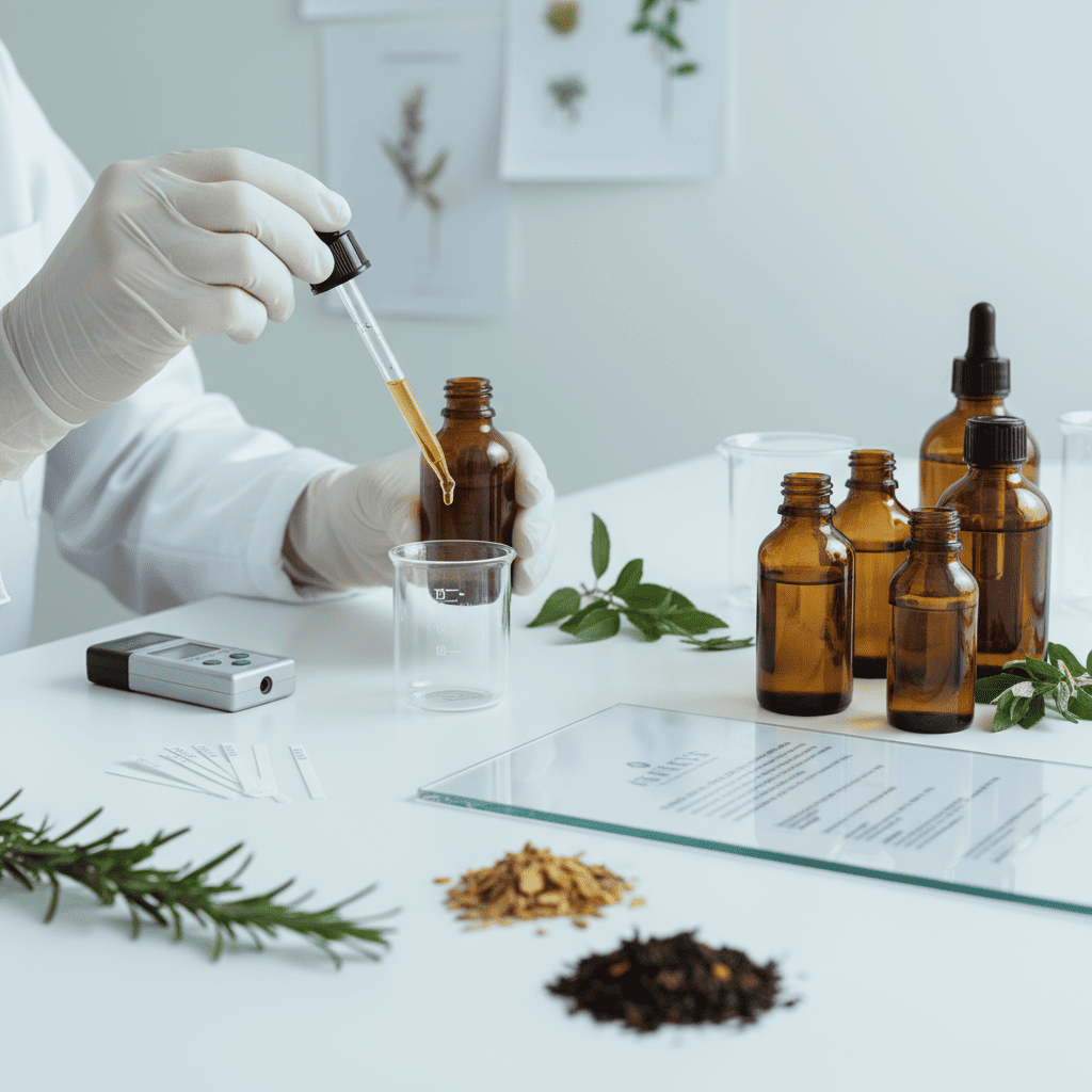 Cosmetic chemist conducting safety assessment and pH testing of botanical hydrosols with standardized active compound content analysis