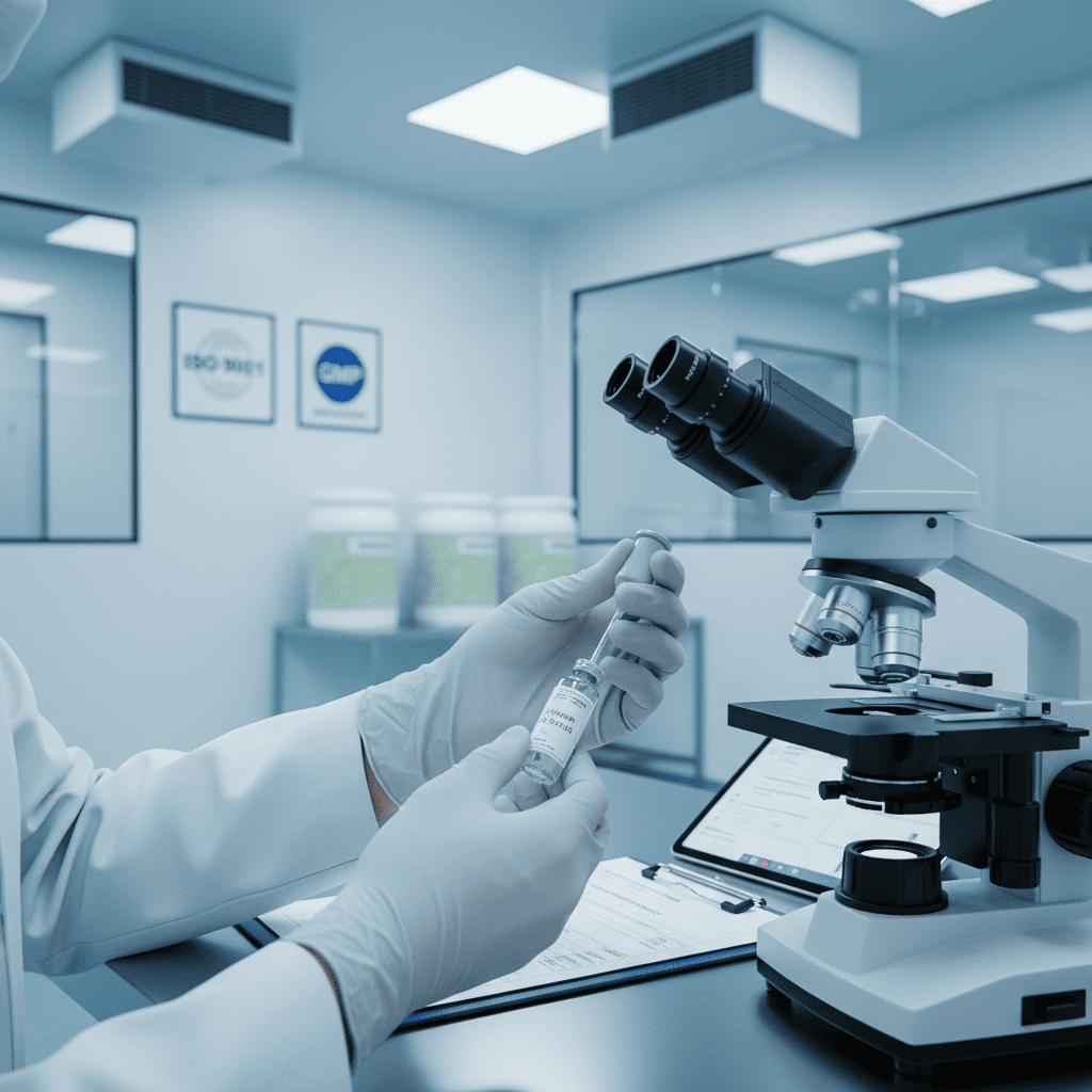 Laboratory technician examining cosmetic sample under microscope in ISO-certified cleanroom facility