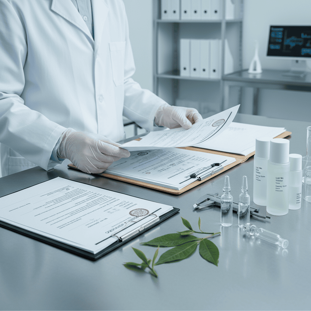 Quality control specialist reviewing regulatory compliance documentation for private label skincare products