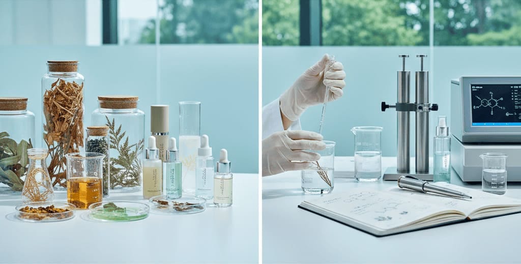 Natural botanical ingredients and finished skincare formulations displayed in cosmetic manufacturing laboratory